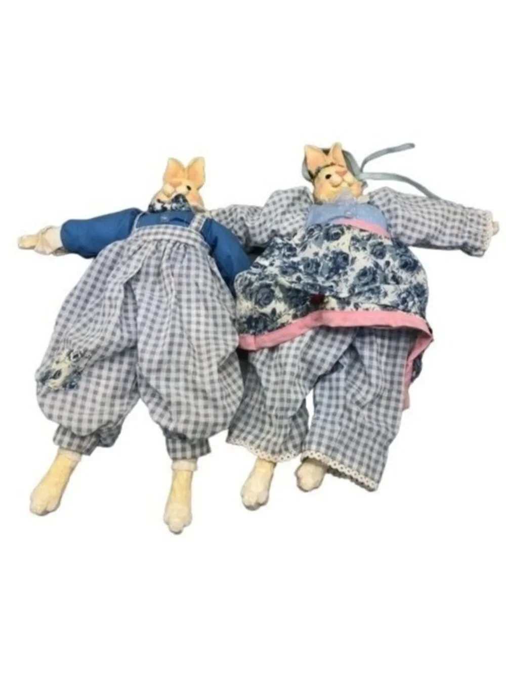 set of 2 bunny boy girl plaid glass floral blue dolls 15